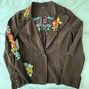 Johnny Was Floral & Bird Embroidered Corduroy Blazer in Brown Size XL Vtg
